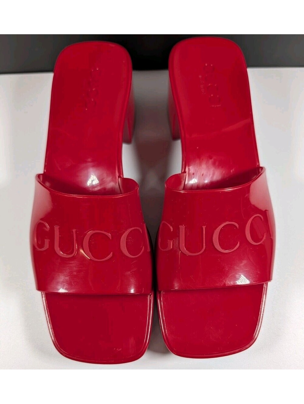 Gucci Womens 9 Red Rubber Logo Platform Slide Sandals Chunky Heel Designer Mules